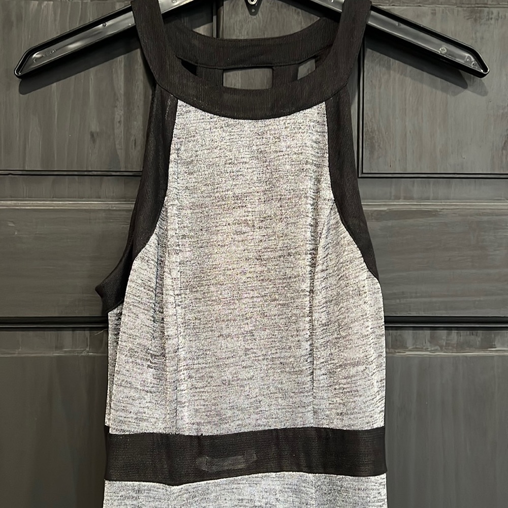 BCBG metallic silver and black trim elegant long dress